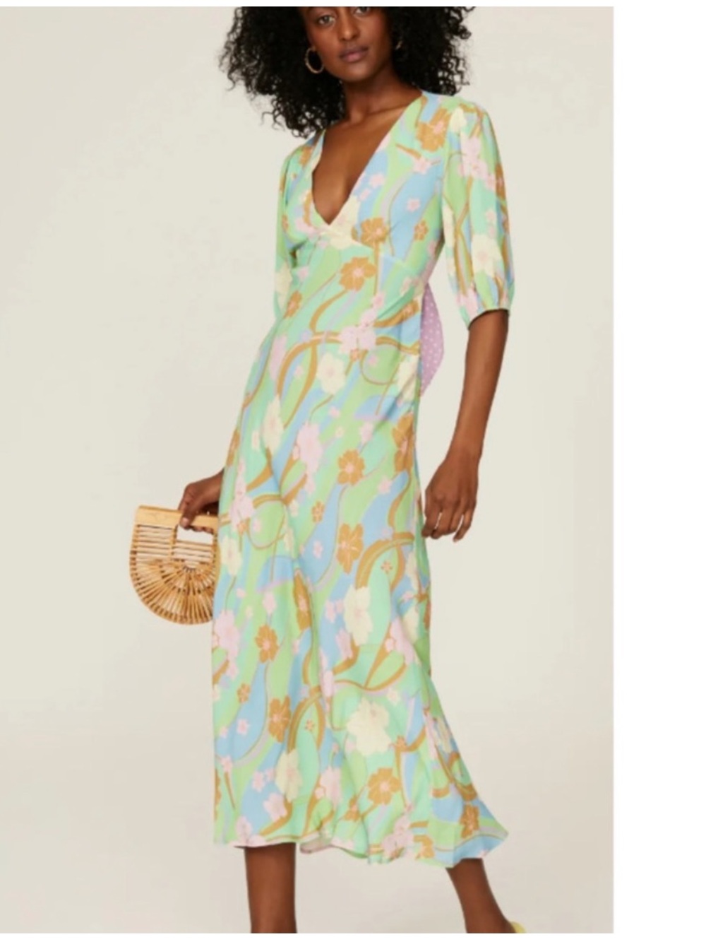 Rixo Steph midi pastel floral tie open back dress size M